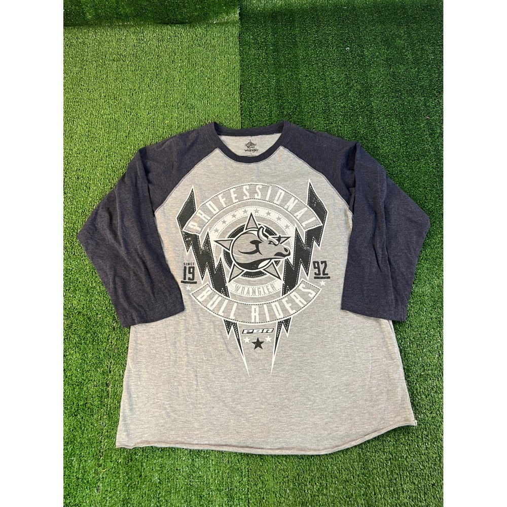 Wrangler PBR Professional Bull Riders Mens Gray Navy Raglan 3/4 Sleeve Tee L